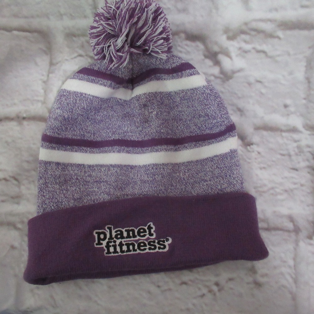 Planet Fitness Beanie Hat Unisex OSFM Purple Excellent Pom Pom Knit Striped